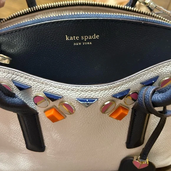 KATE SPADE MARGAUX JEWELED MEDIUM LEATHER PURSE White & Navy satchel/cro… - Picture 9 of 16